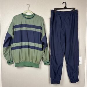 Catalina Men's Medium Two Piece Retro Windbreaker Set Navy Blue Green Stripes